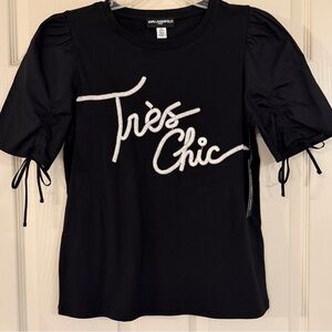 NWT KARL LAGERFELD Tres Chic Studded Cinched Sleeve Top in Black/White Small